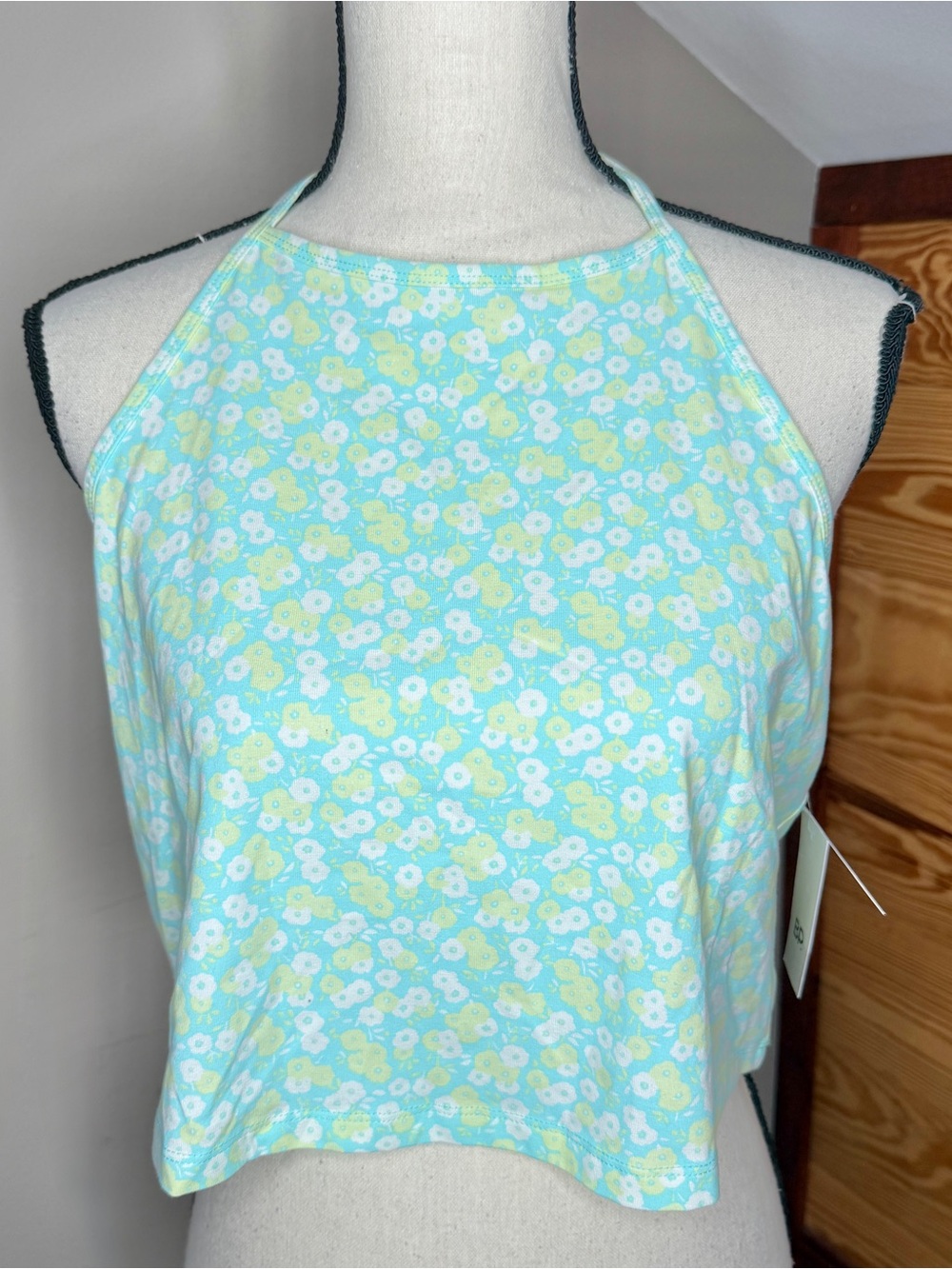 BP Ditsy Floral Halter Crop Tank Top 2X Blue Green White Plus Size Y2K NWT